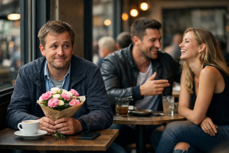 Para flirtująca w kawiarni gdy nice-guy czeka z kwiatami.